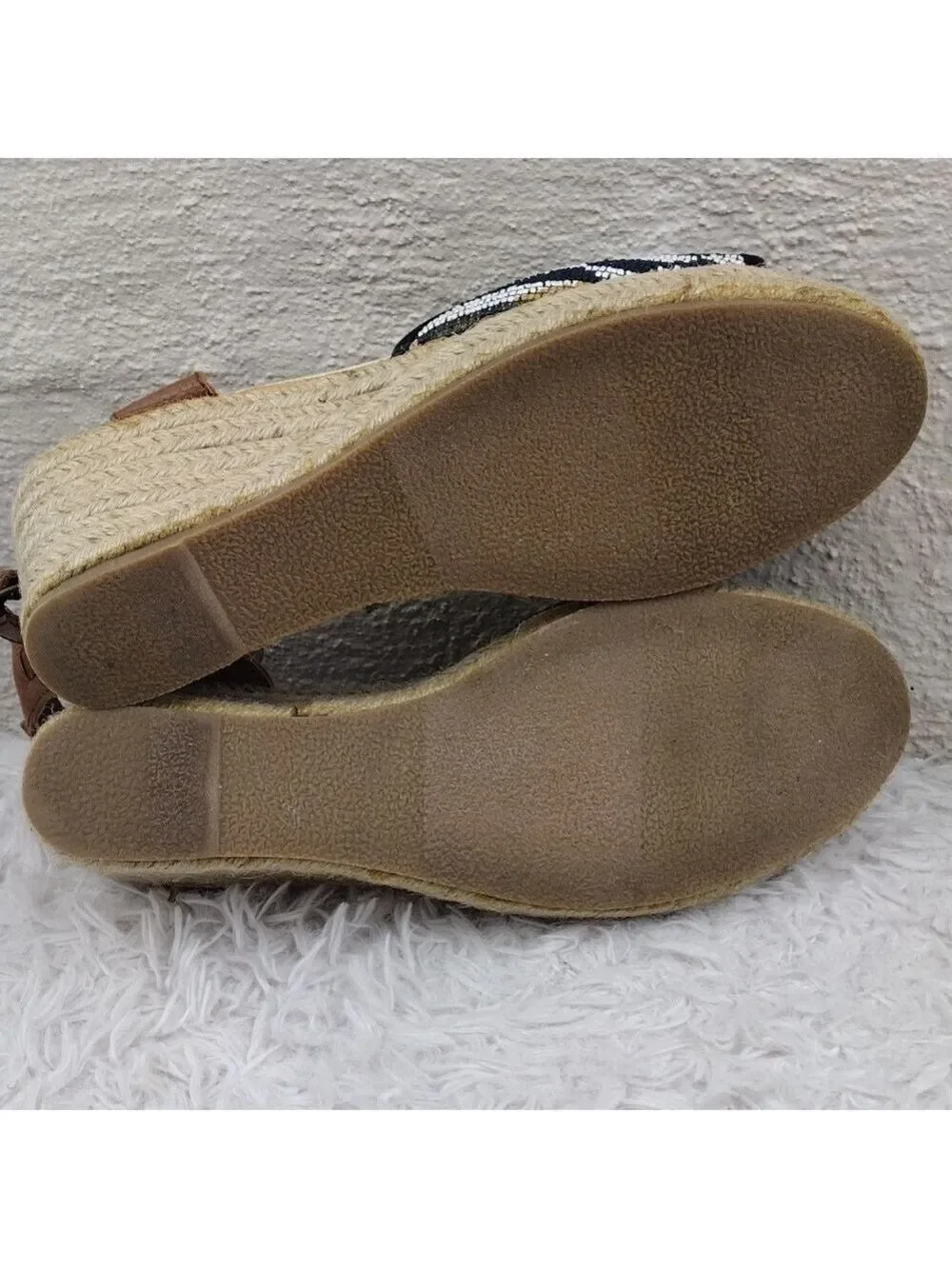 Soludos Tan Blue Embroidered Open Toe Wedged Heel Ankle Strap Espadrille Sandal